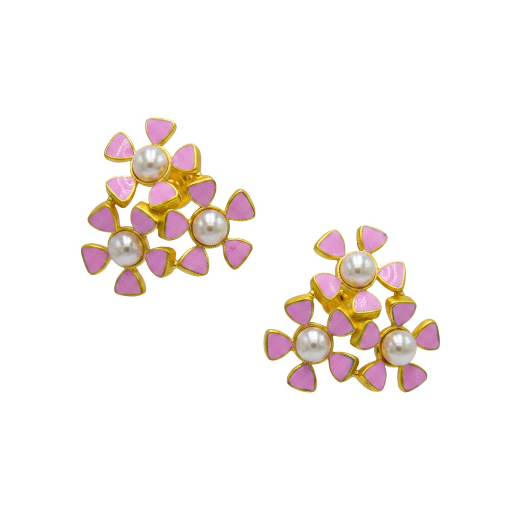 Tri-Flower Enameled Flash Gold Plated Stud Earing