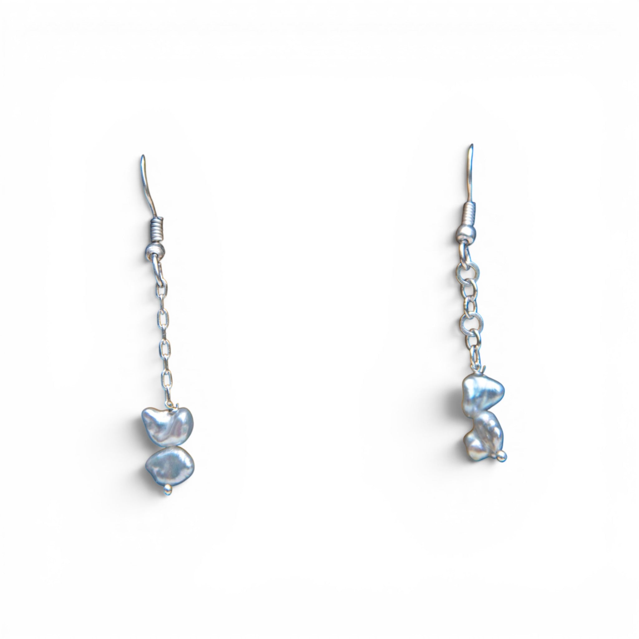 Twin Freshwater Pearl Long Silver Plated Chain Dangler Hook Earring