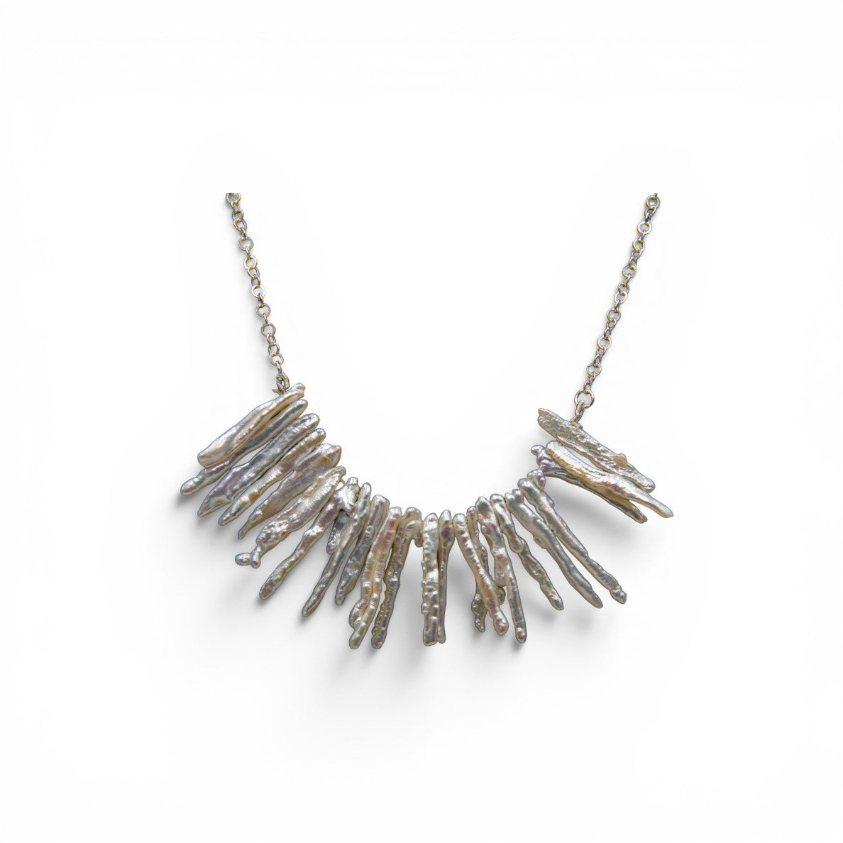Natural Long Biwa Pearl Silver Plated Chain Necklace