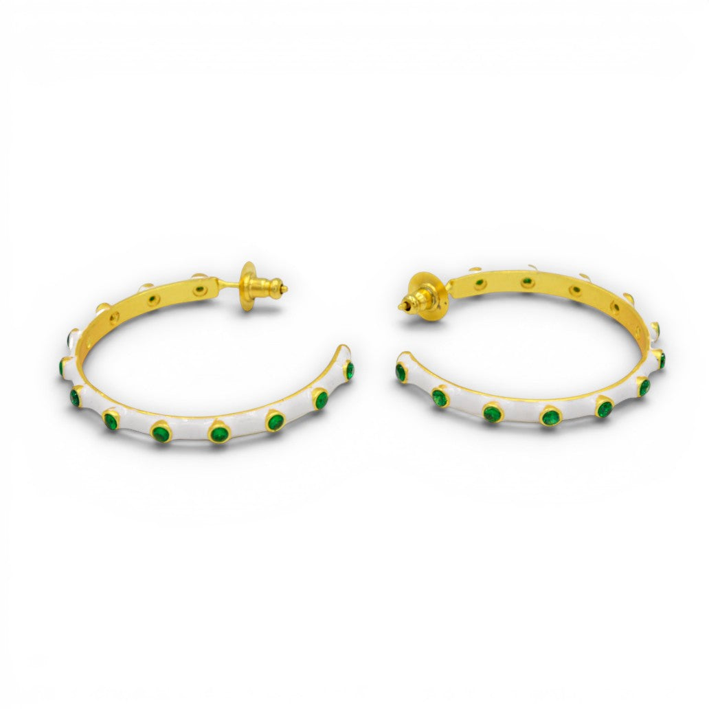 CZ with White Enamel Hoop Flash Gold Plated Brass Stud Earring