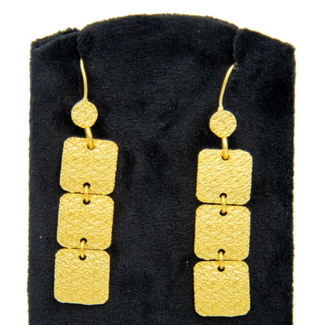 Hand Hammered 3 Tiles Flash Gold Plated Dangle Earring for Women