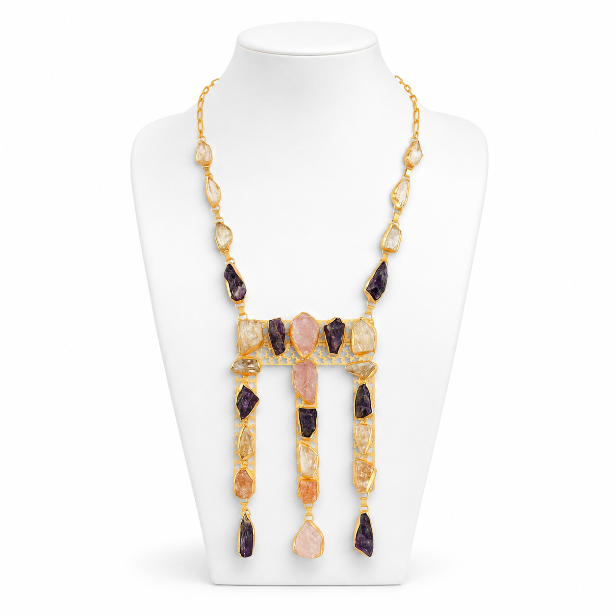 Rose Quartz, Amethystt, Citrine, Crystal Quartz, Black Tourmuline Rough Gemstone Necklace