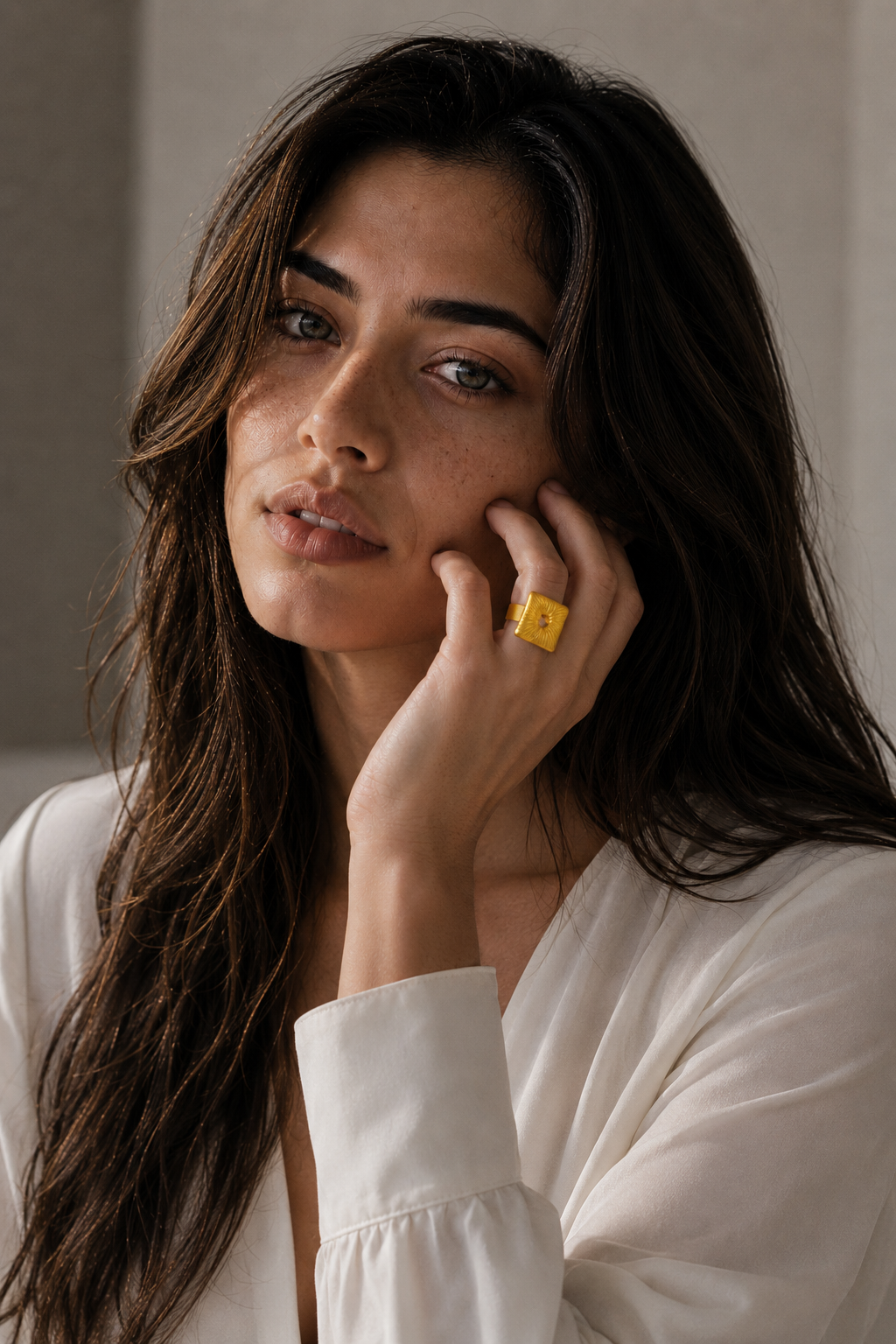 Square Textured Flash Gold Plated Brass Ring