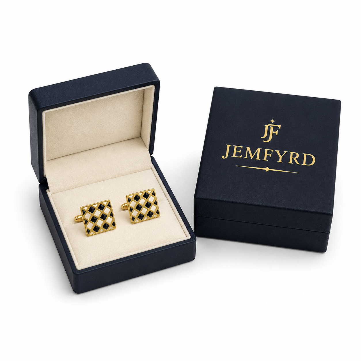 Square Black & White Enameled Flash Gold Plated Cufflinks