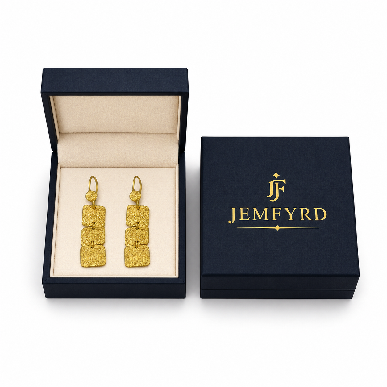 Hand Hammered 3 Tiles Flash Gold Plated Dangle Earring