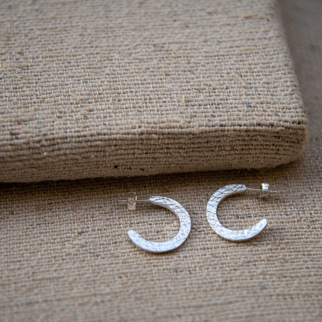 Textured Silver Open Hoop Stud Earring