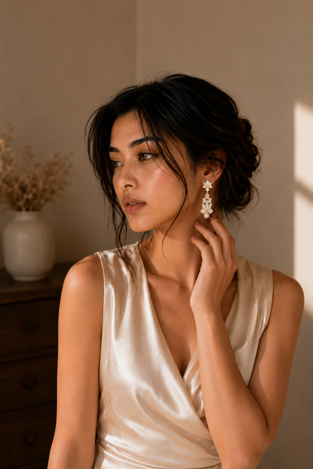 Mother of Pearl Brass Flash Gold Plating Enameled Stud Earring