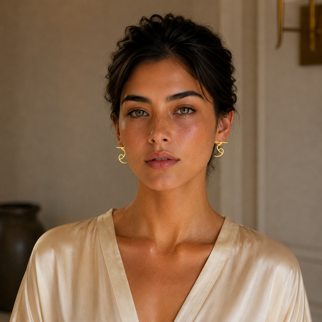Alphabet "र" Hand Beaten Brass Earrings