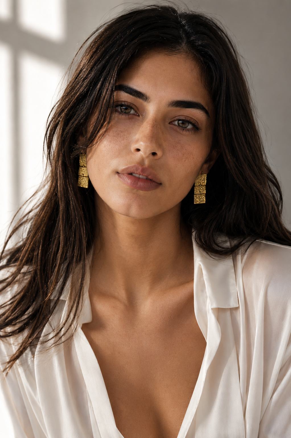 Hand Hammered Square Dangler Flash Gold Plated Stud Earring
