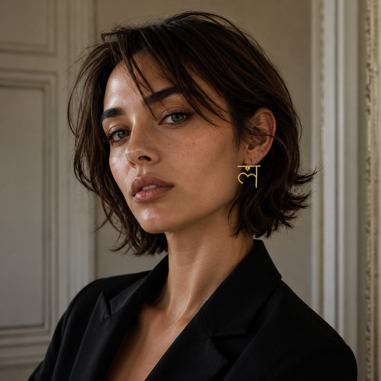Hindi Alphabet "ल" Hand Beaten Brass Earrings