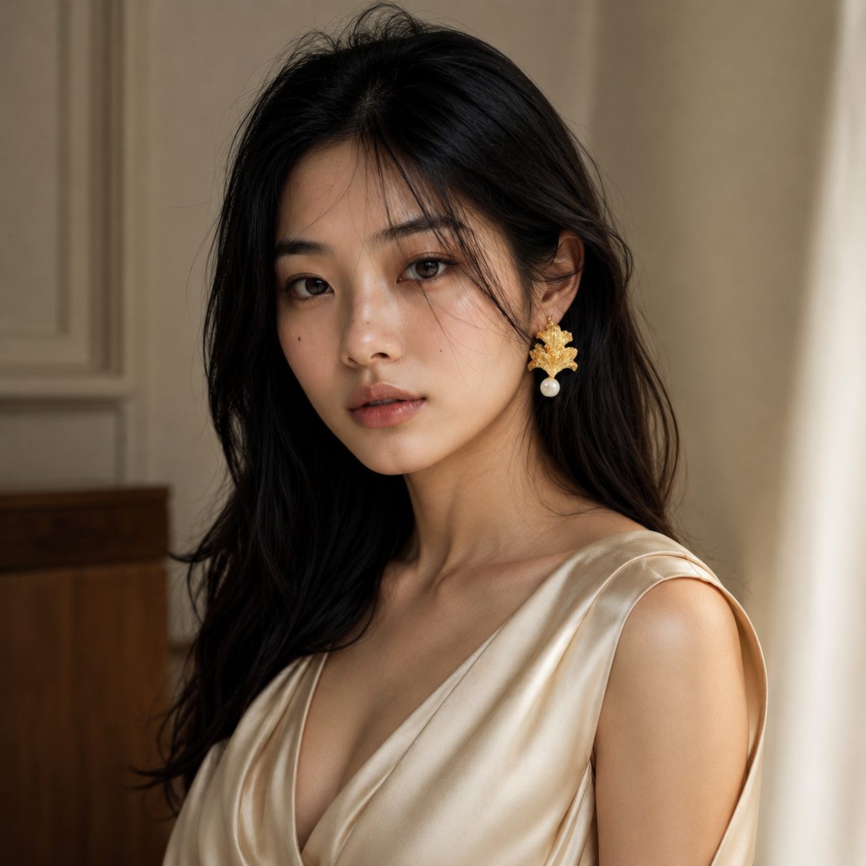 Pearl Brass Flash Gold Plating Ginkgo Stud Earring