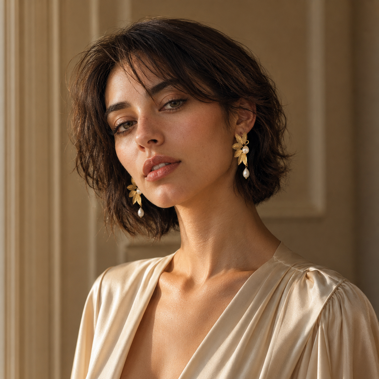 Pearl Brass Flash Gold Plating Leaf Stud Earring