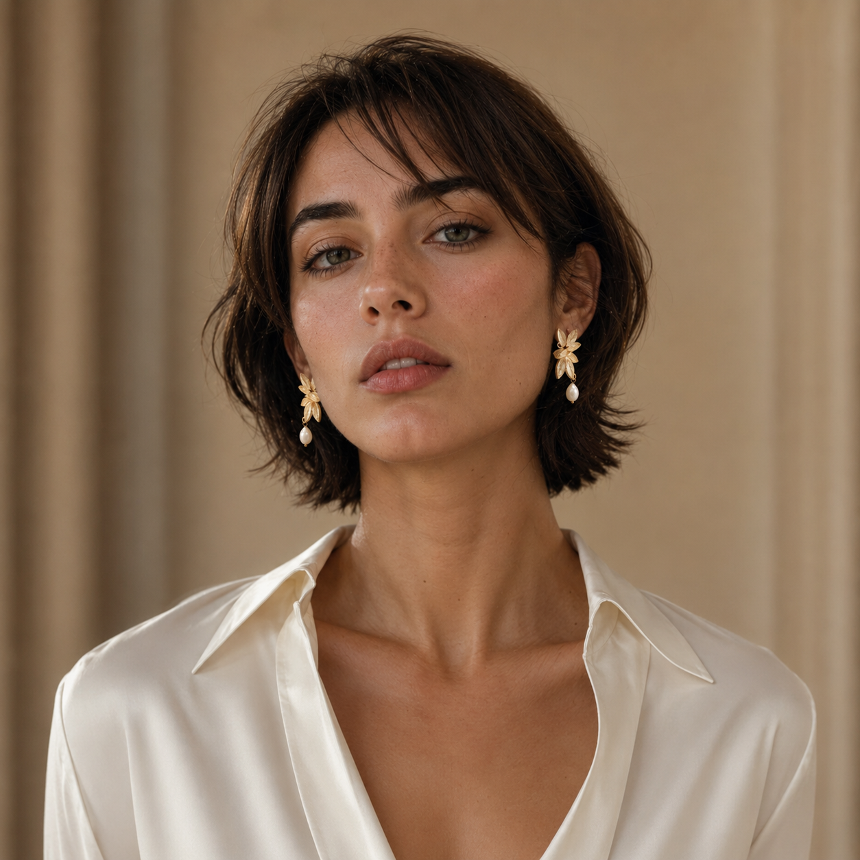 Pearl Brass Flash Gold Plating Leaf Stud Earring