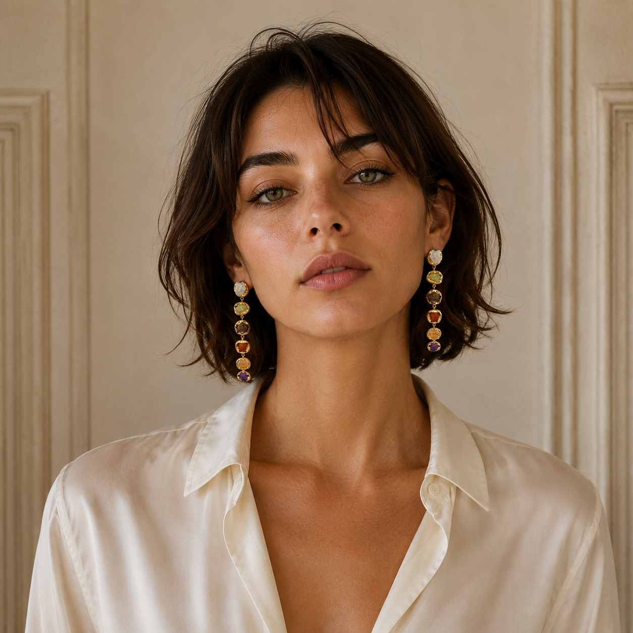 Multi Gemstone Brass Flash Gold Plating Bezel Stud Earring