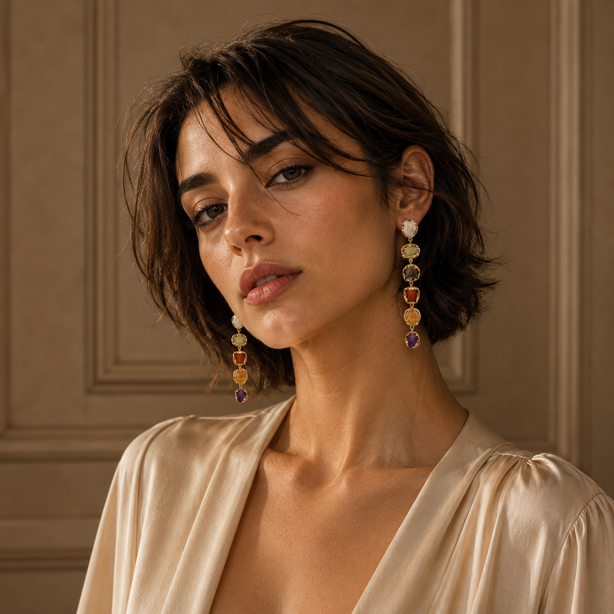 Multi Gemstone Brass Flash Gold Plating Bezel Stud Earring