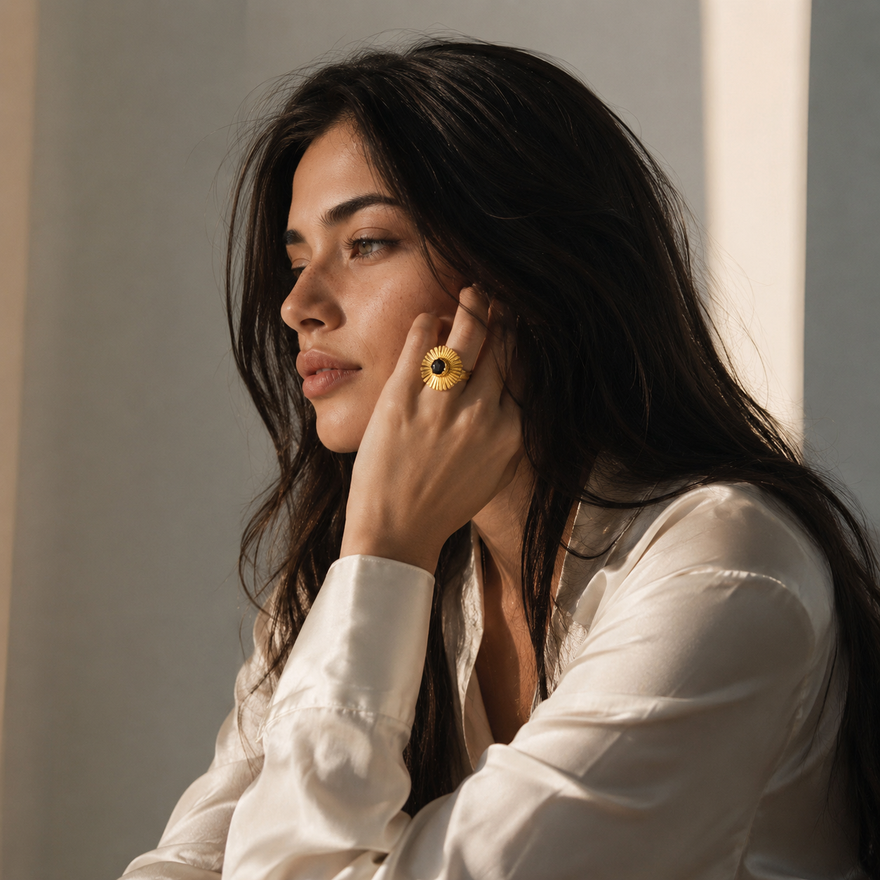 Aquamarine Brass Flash Gold Plating Floral Ring