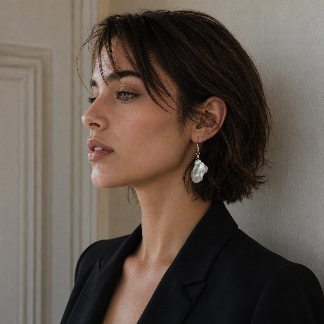Natural Baroque Pearl Curved Small Silver Plated Chain Dangler Hook Earring