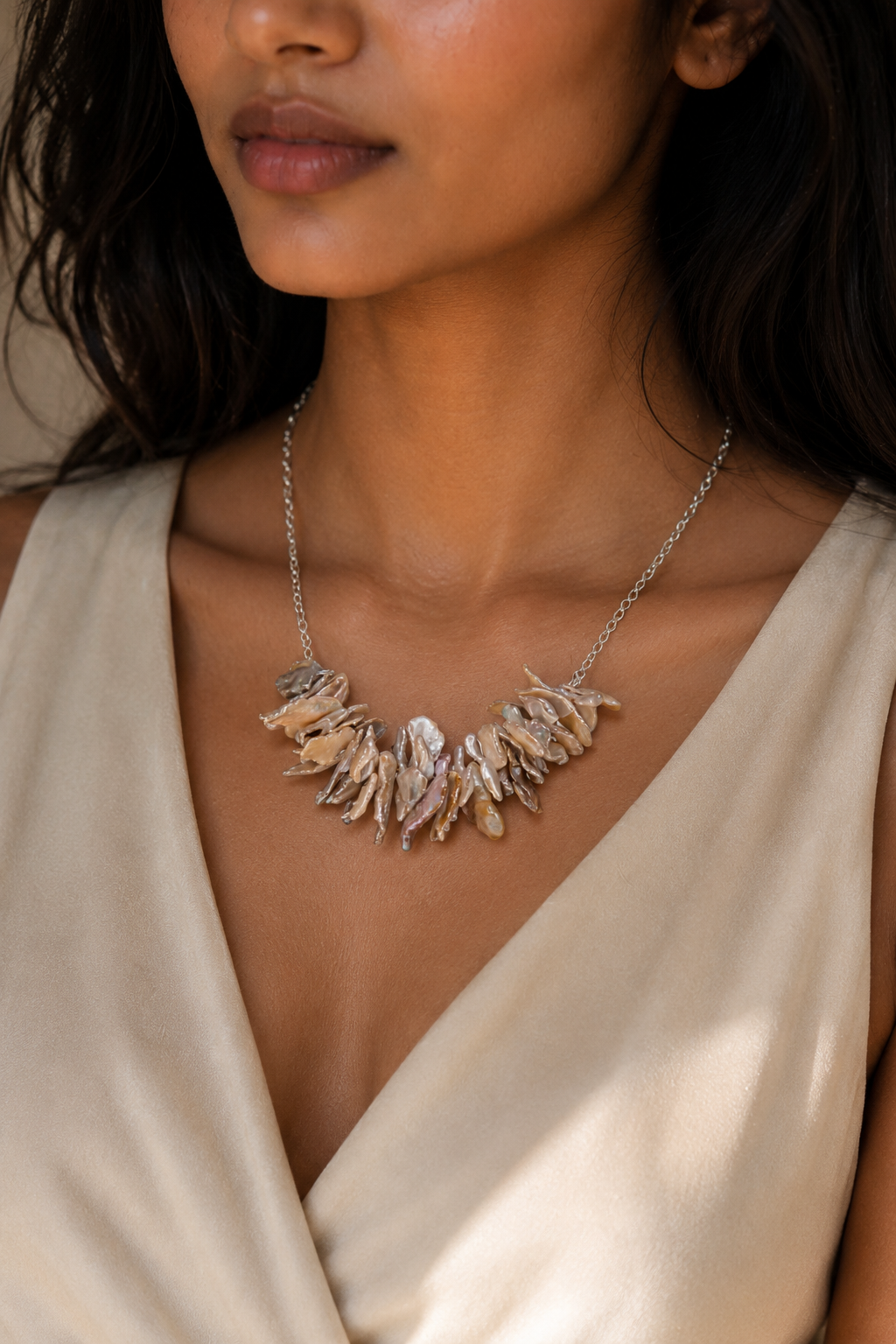 Natural Biwa Pearl Silver Plated Chain Necklace