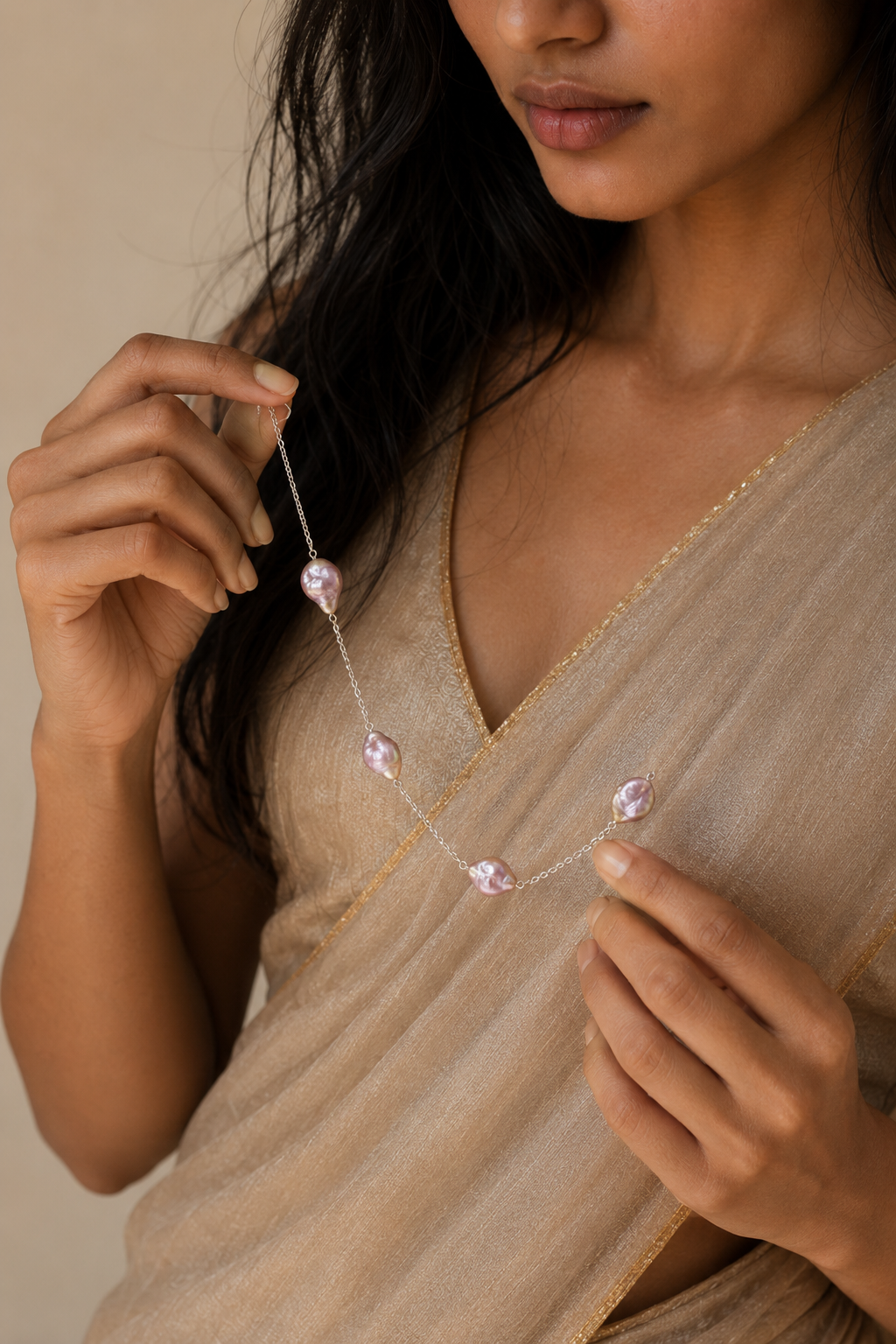 Natural Pearl Sliver Plated Cut Chain Necklace