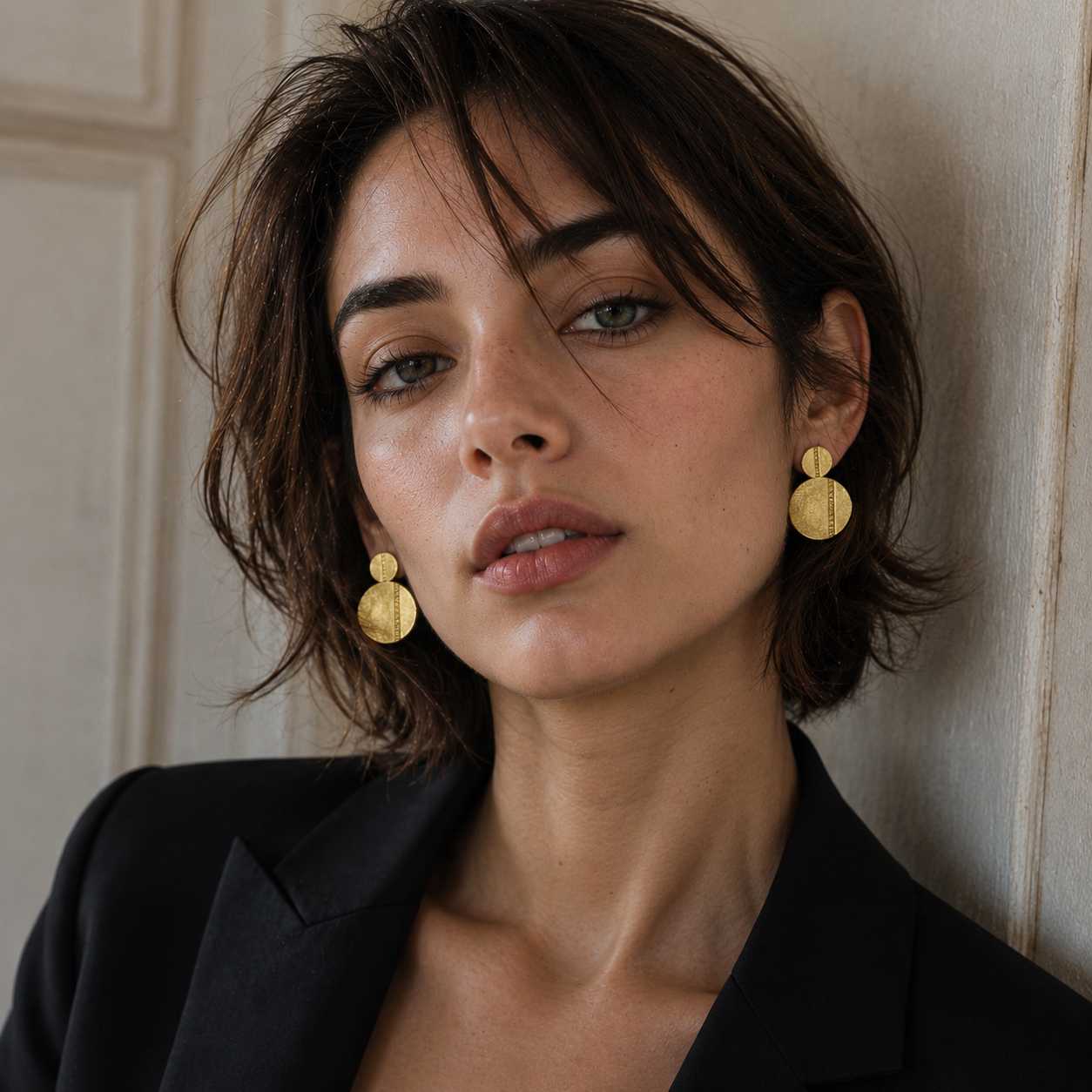 Golden Double Disk with Flash Gold Plated Stud Earring