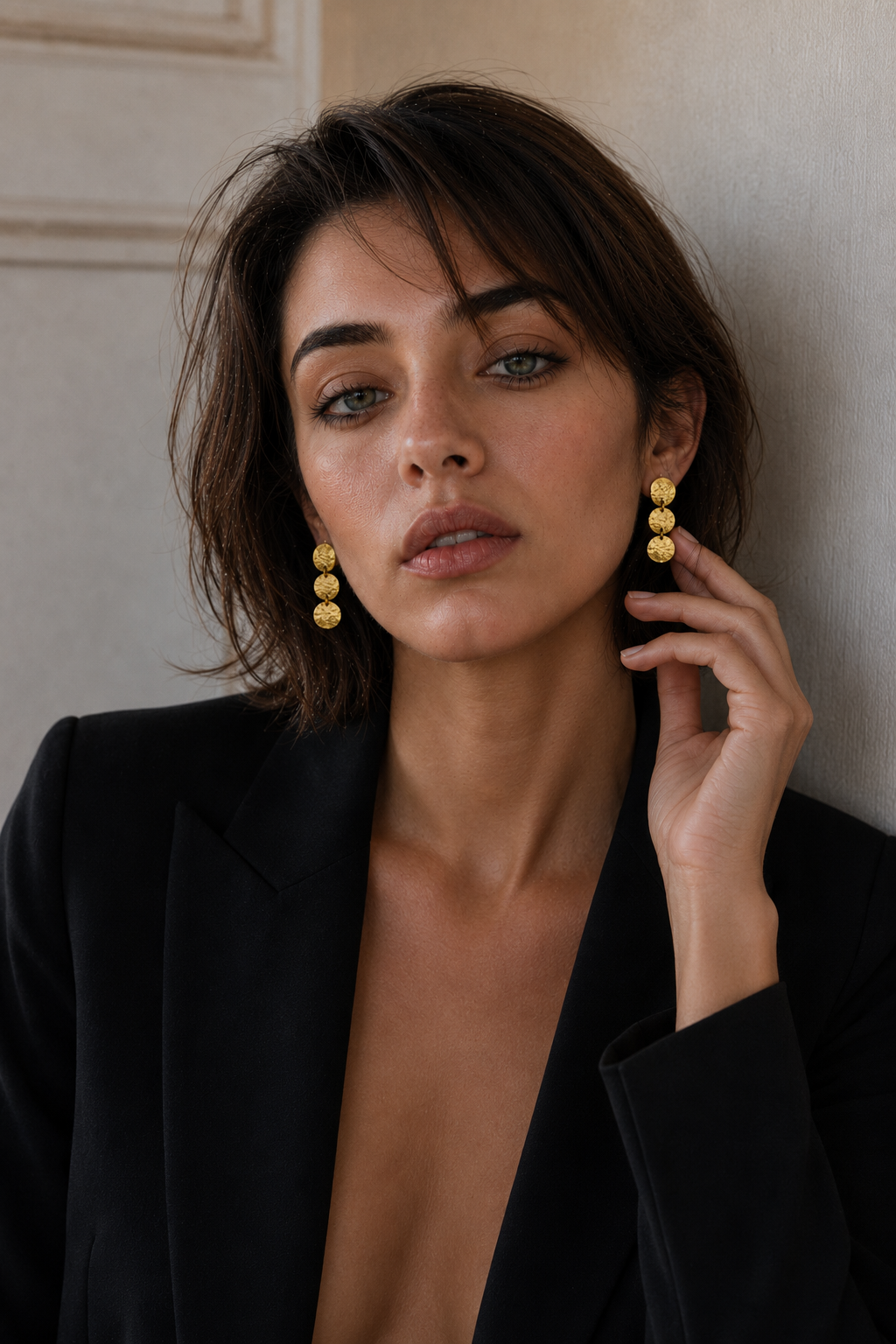 Hand Hammered Tri Disk Dangler Flash Gold Plated Stud Earring
