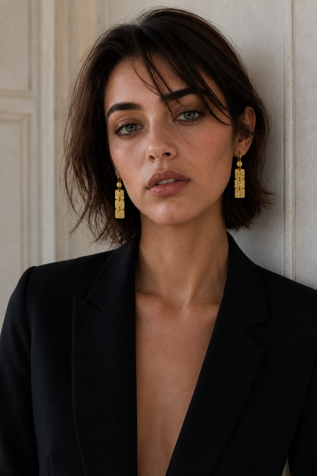 Hand Hammered 3 Tiles Flash Gold Plated Dangle Earring