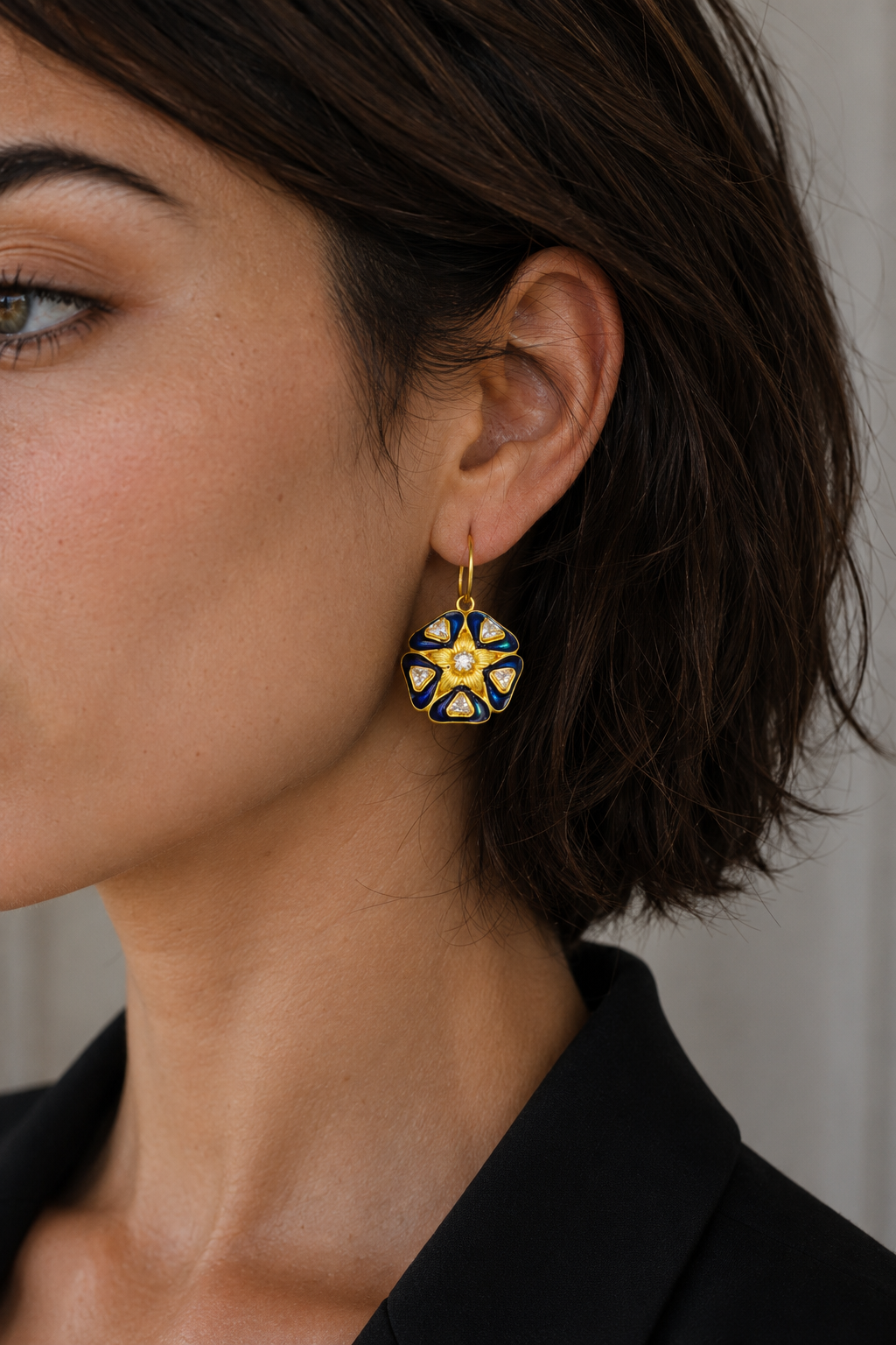 Enameled Flash Gold Plated Stylized flower Victorian era earrings Enameled Flash Gold Plated