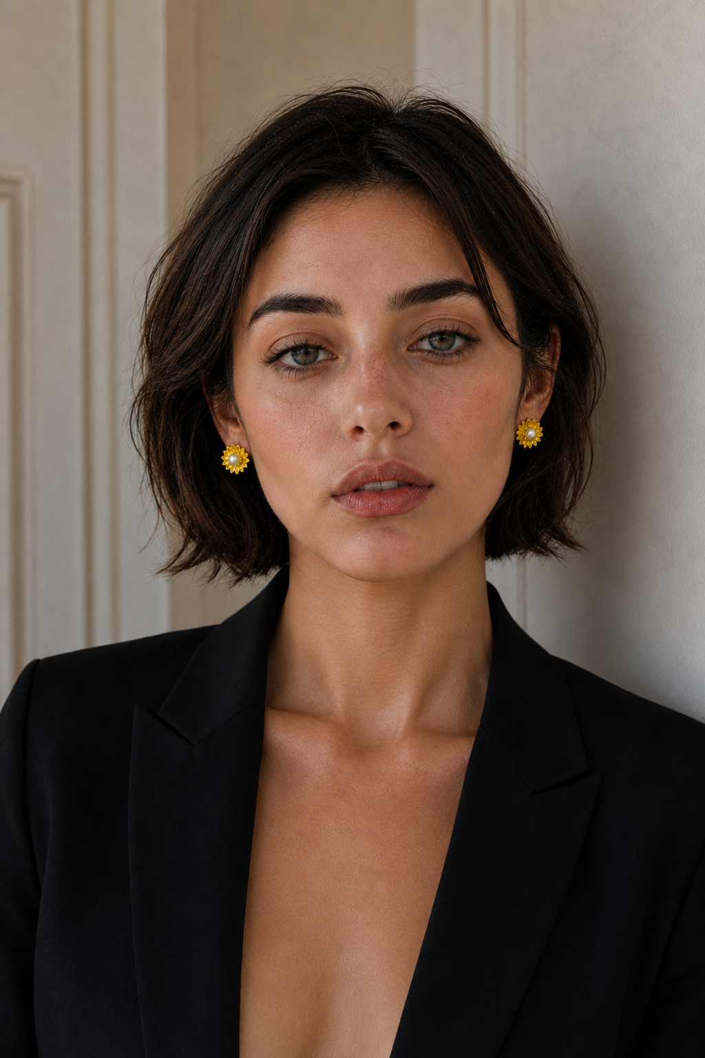Sunflower style enameled Flash Gold Plated stud earring