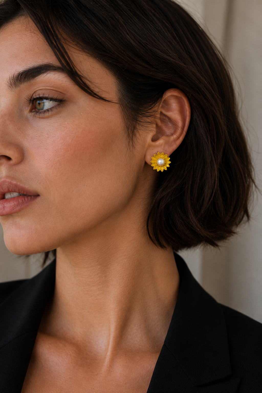Sunflower style enameled Flash Gold Plated stud earring