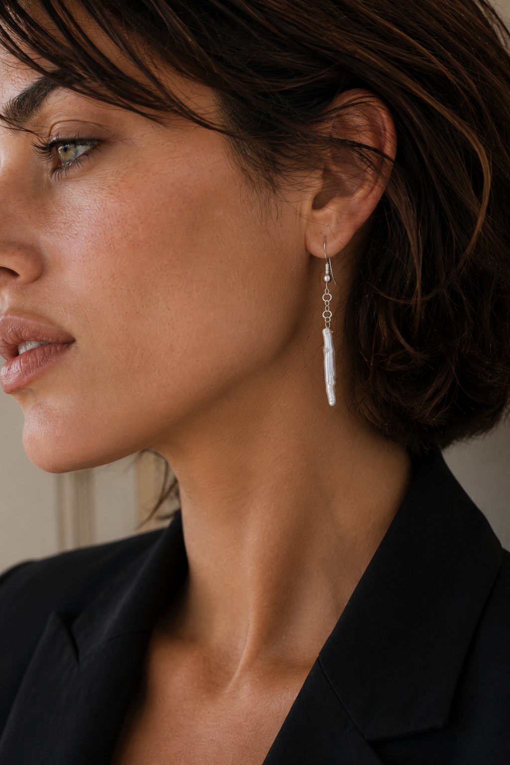 Long Biwa Pearl Silver Plated Dangler Hook Earring