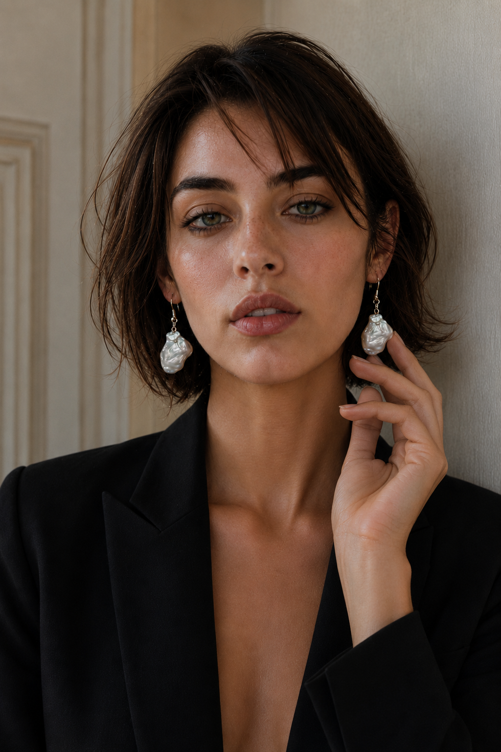 Natural Baroque Pearl Curved Small Silver Plated Chain Dangler Hook Earring