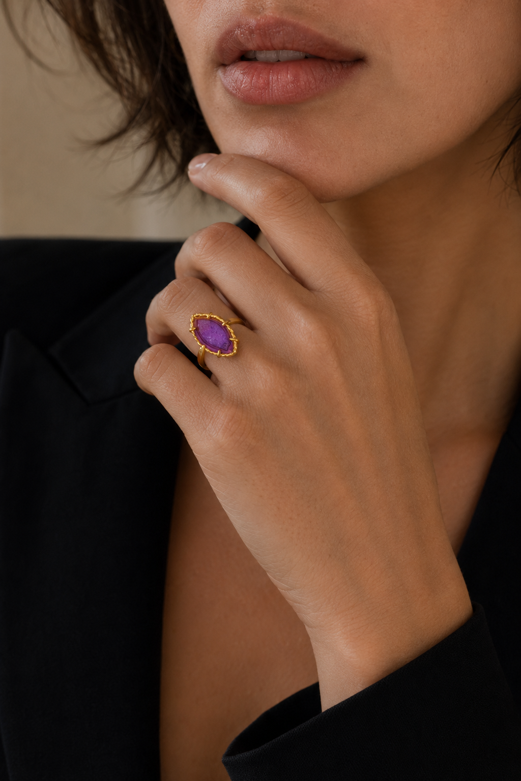 Agate Slice Twisted Prong Gold Plated Brass Ring