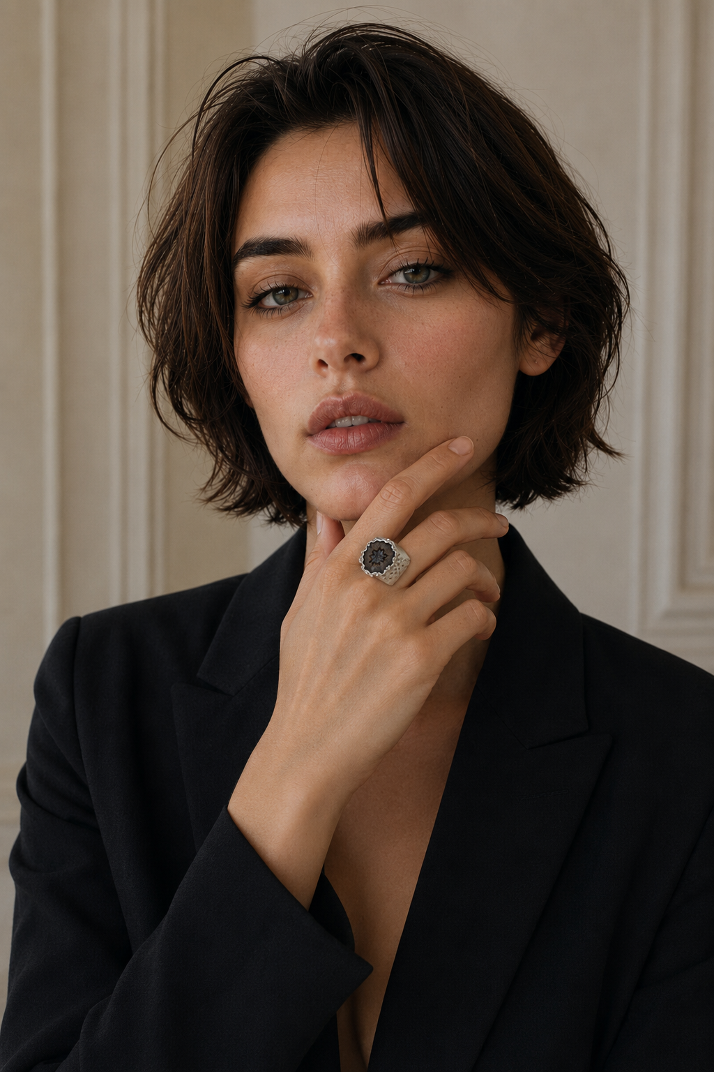 Solar Quartz Handhammered Adjustable Ring