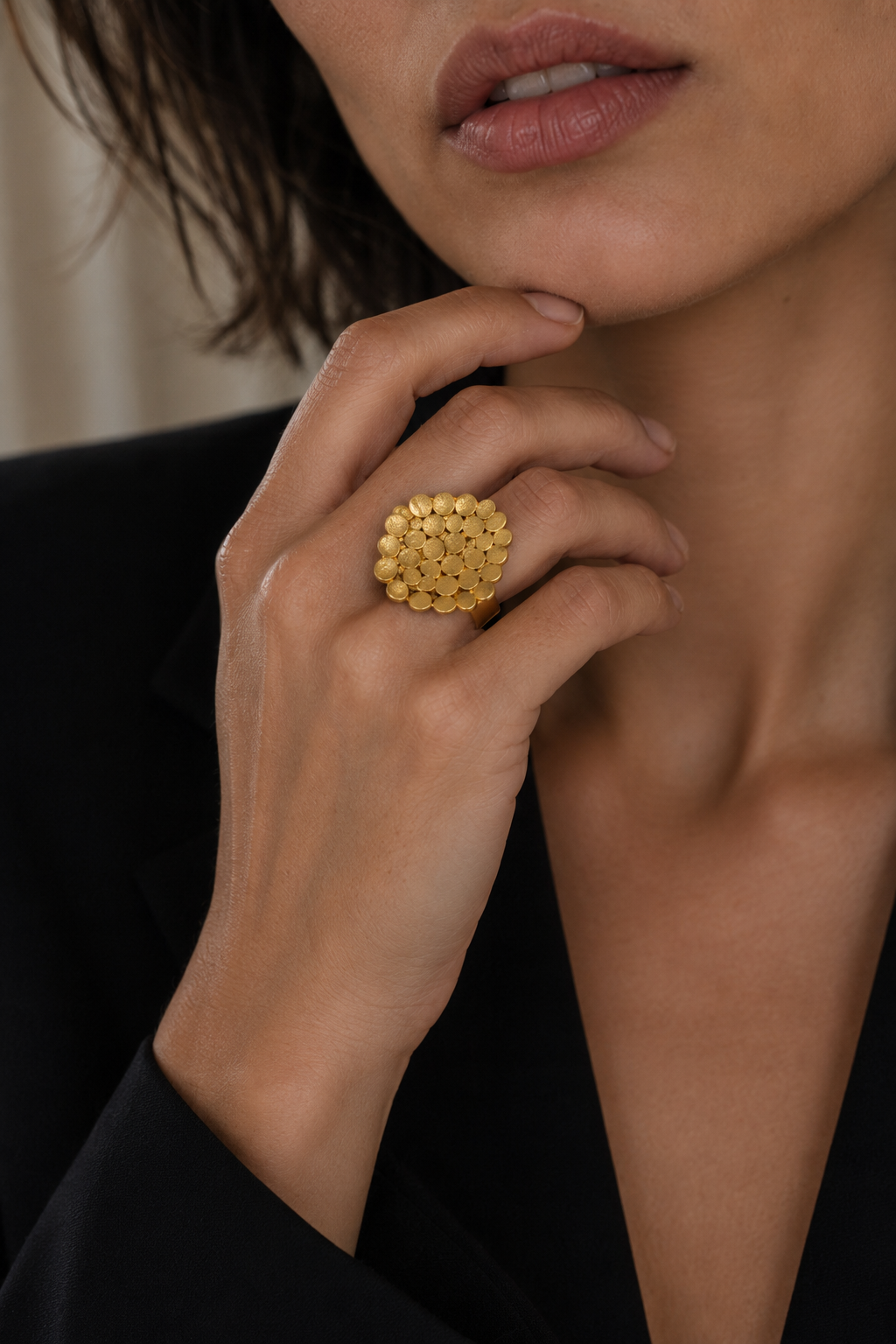 Bee Hive Hand Hammered Flash Gold Plated Brass Adjustable Ring