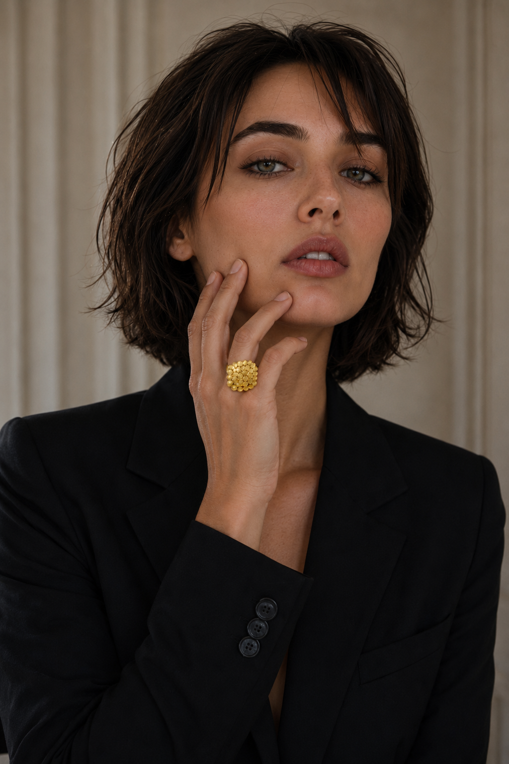 Bee Hive Hand Hammered Flash Gold Plated Brass Adjustable Ring