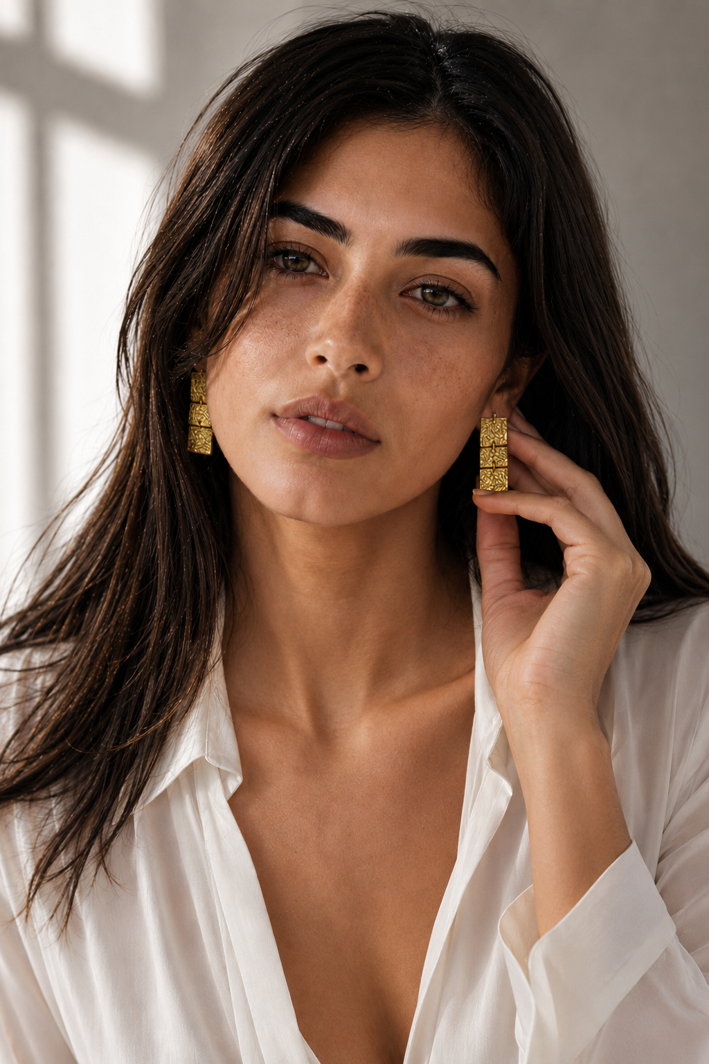 Hand Hammered Square Dangler Flash Gold Plated Stud Earring