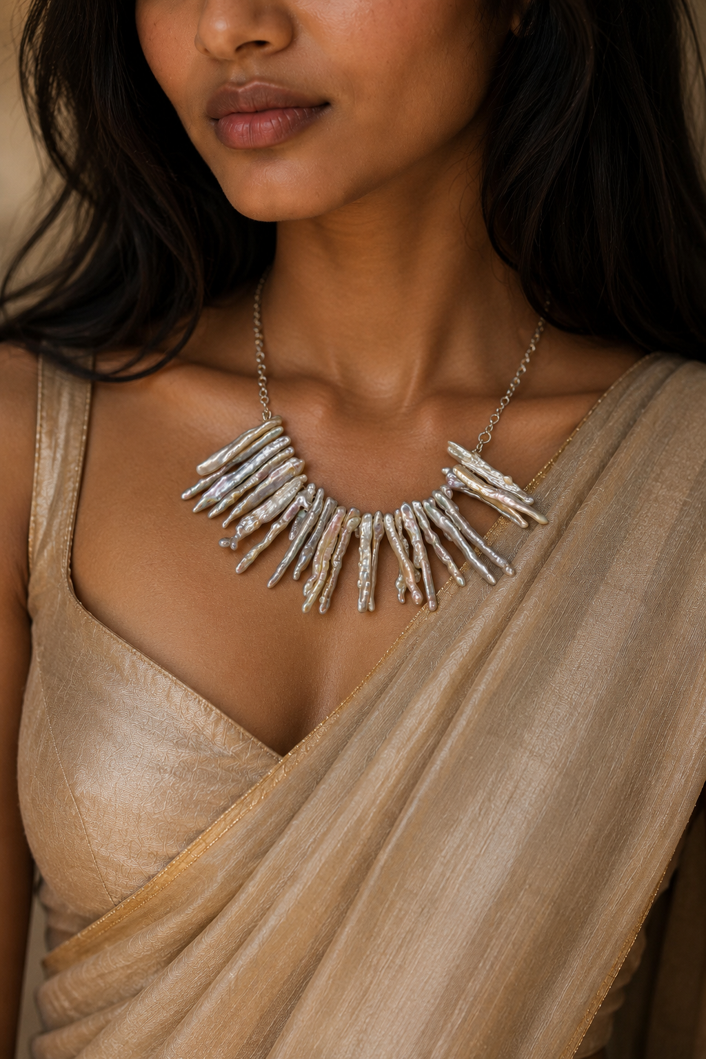 Natural Long Biwa Pearl Silver Plated Chain Necklace