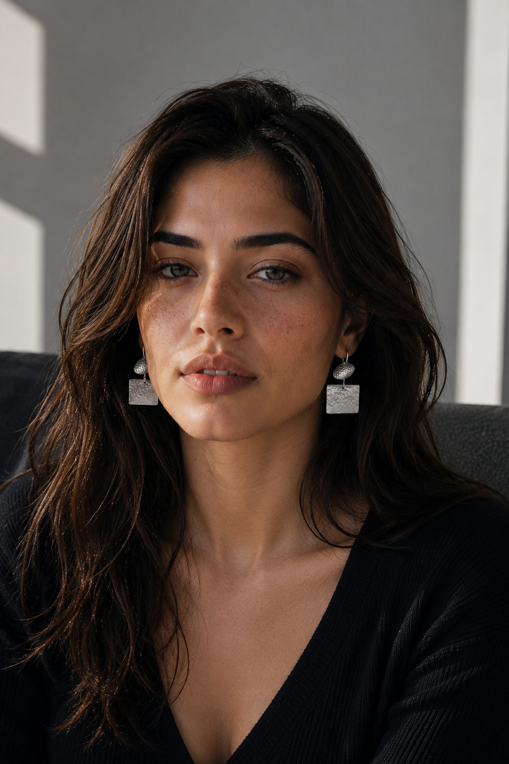 Hammered Silver Square & Oval Earring