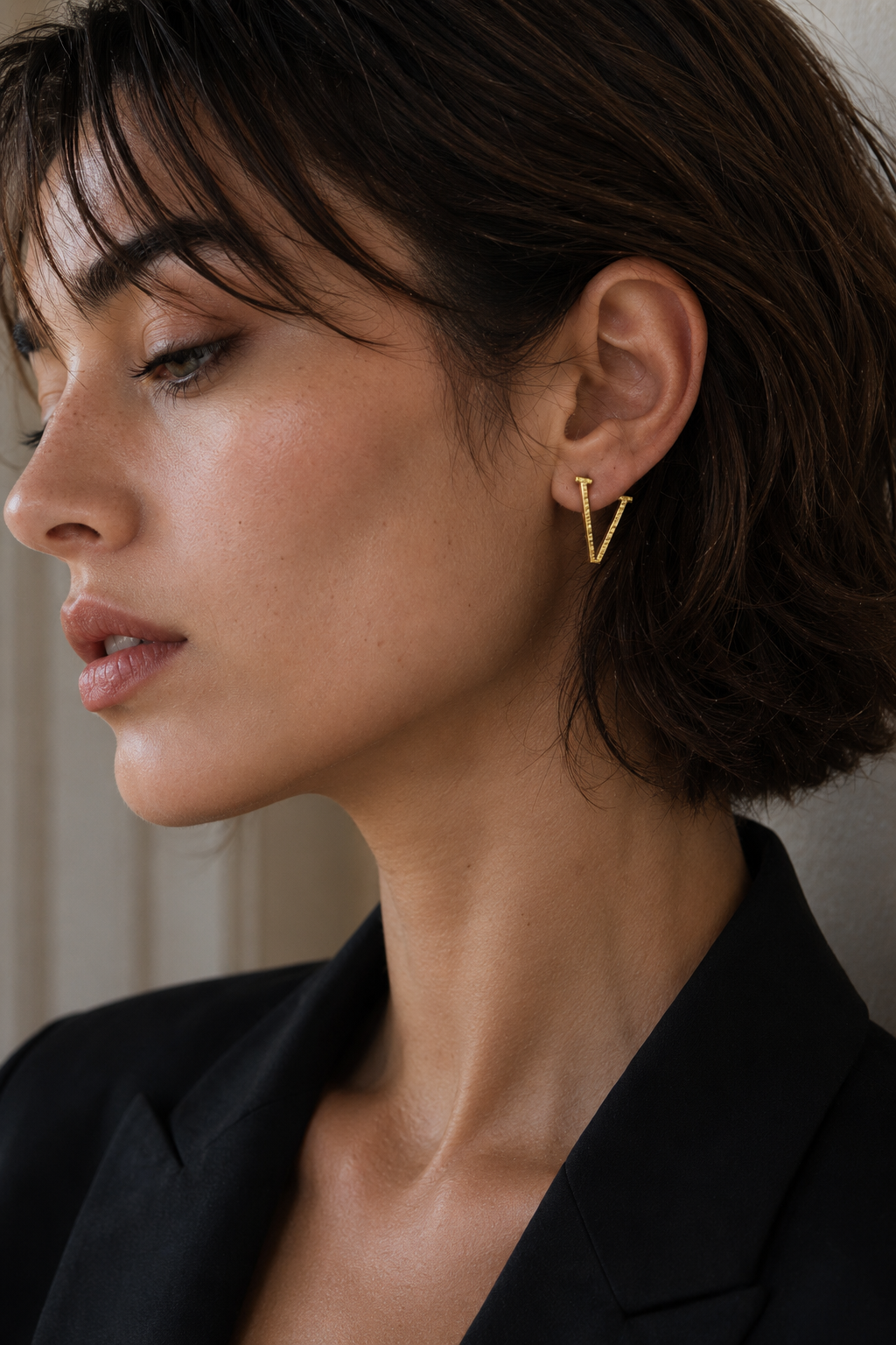 Alphabet "V" Hand Beaten Brass Earrings