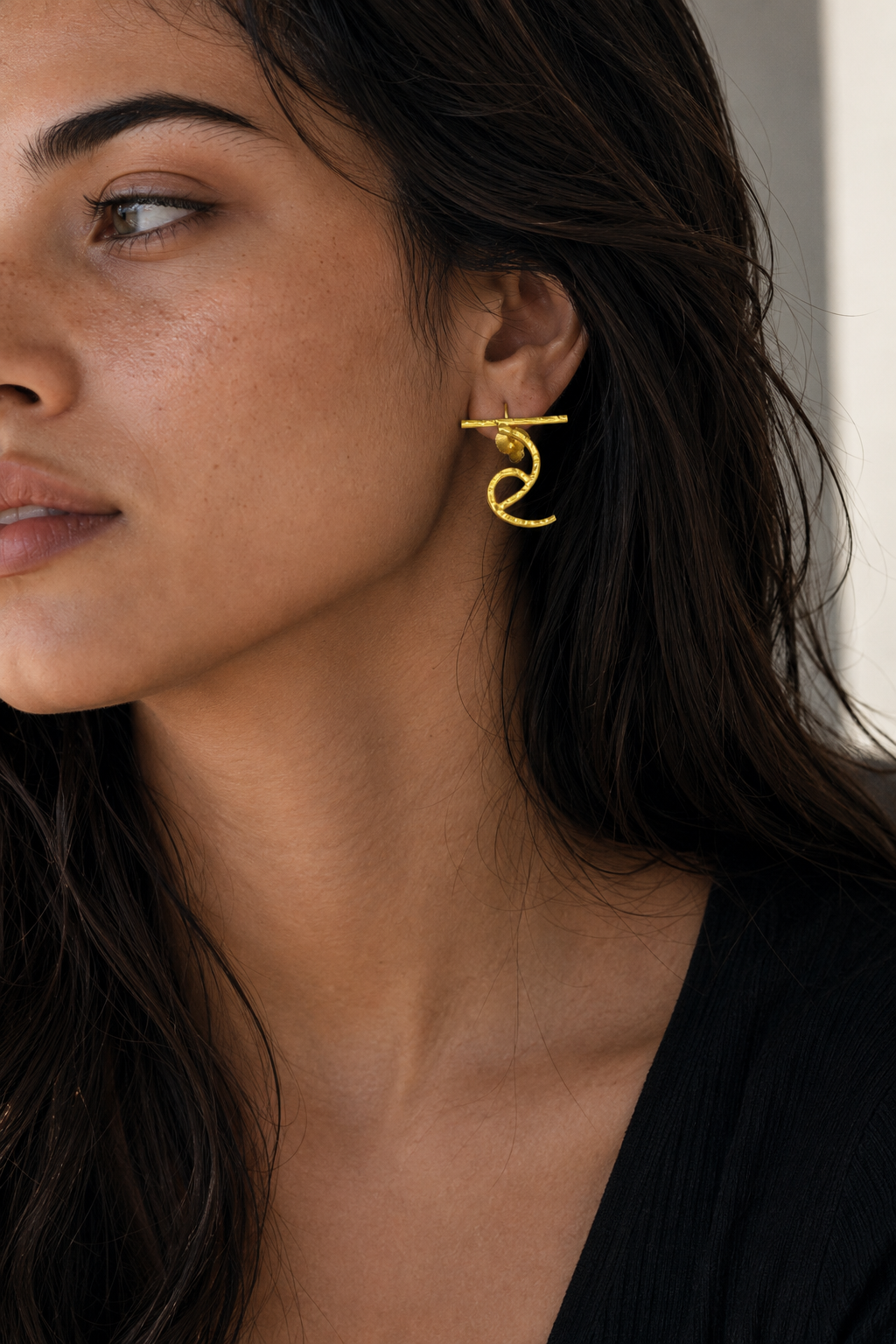 Alphabet "र" Hand Beaten Brass Earrings