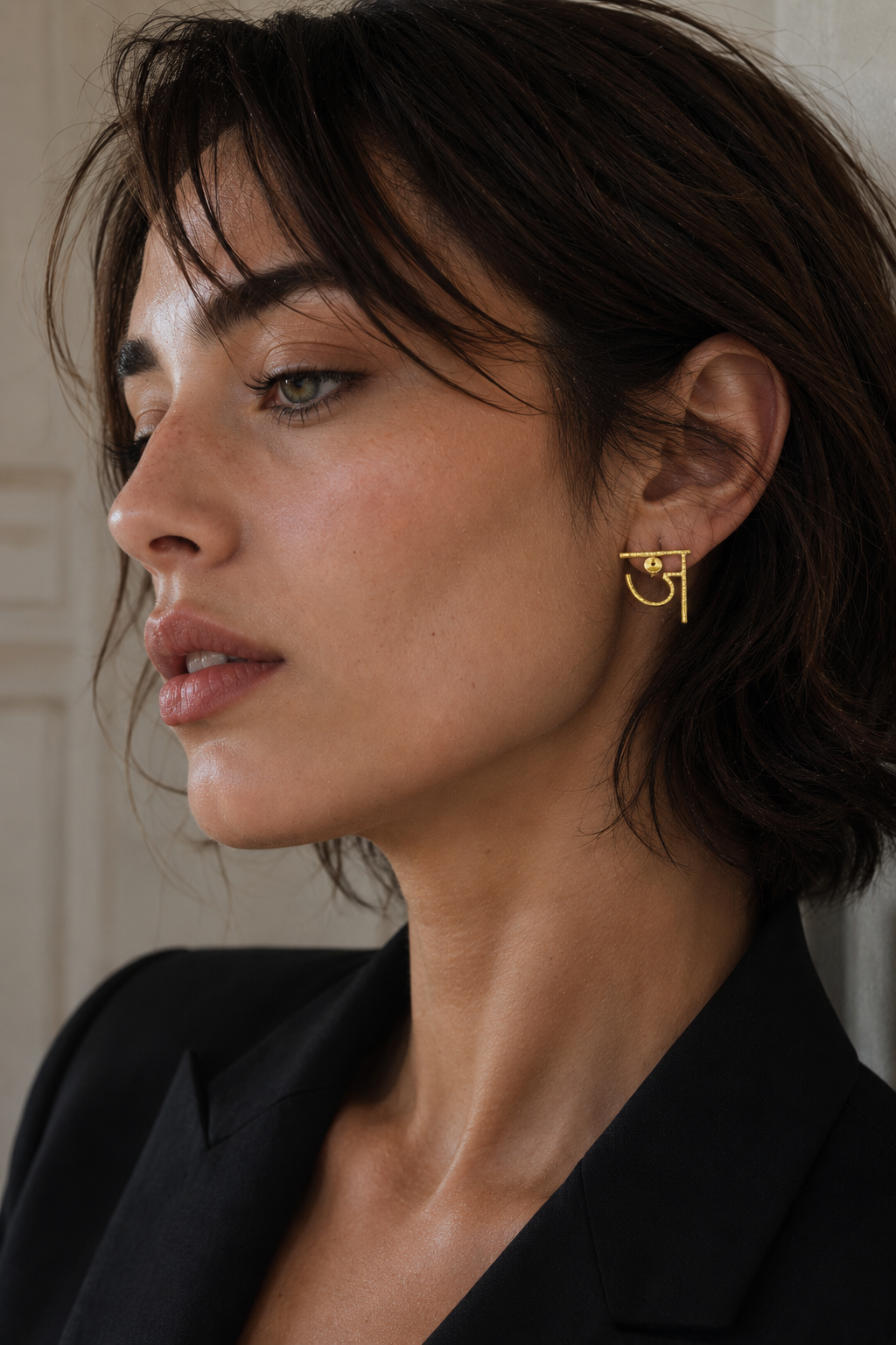 Alphabet "ज" Hand Beaten Brass Earrings