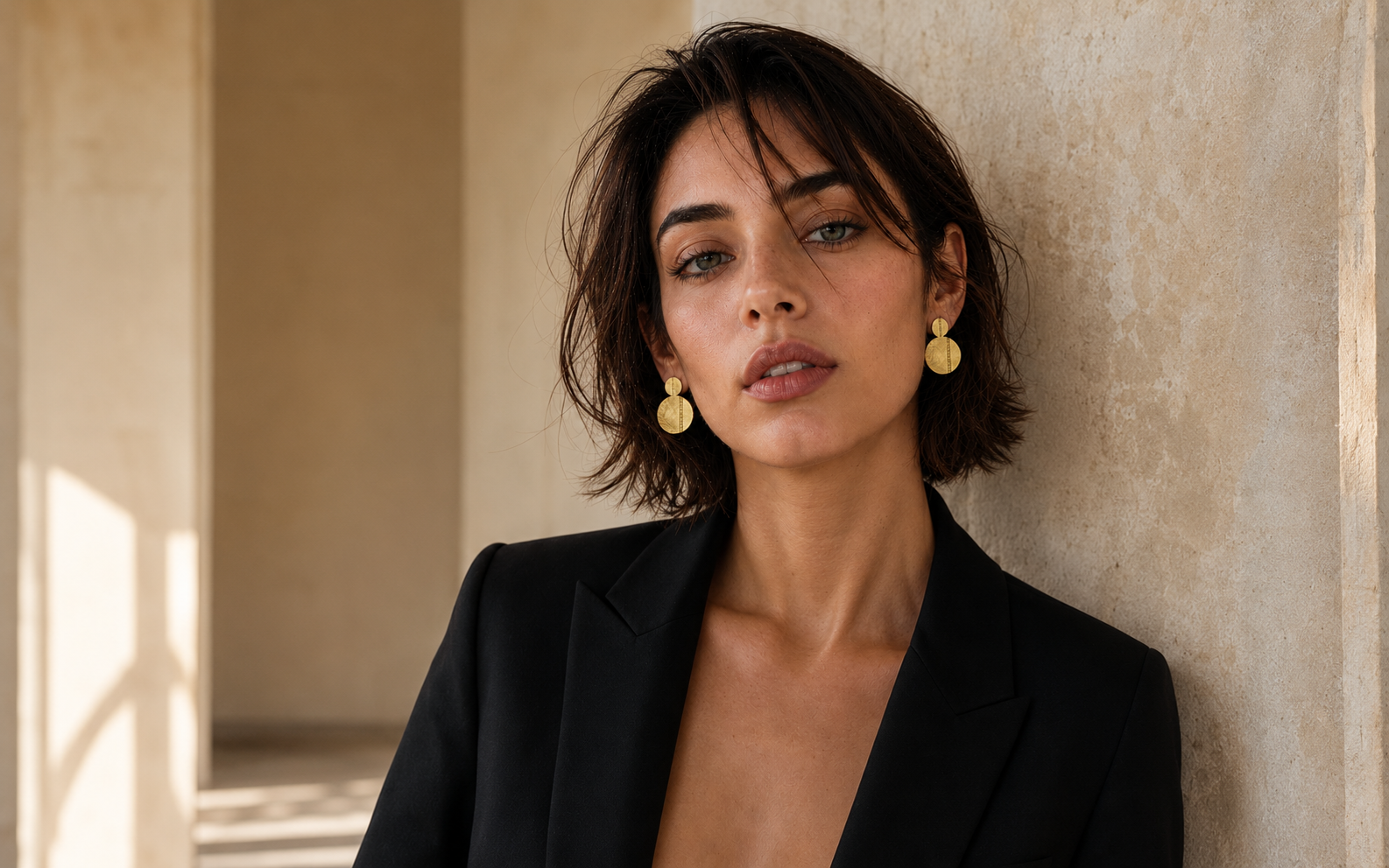 A woman with short dark hair wearing a black blazer and gold dangle earrings, leaning against a textured beige wall in a sunlit architectural setting.