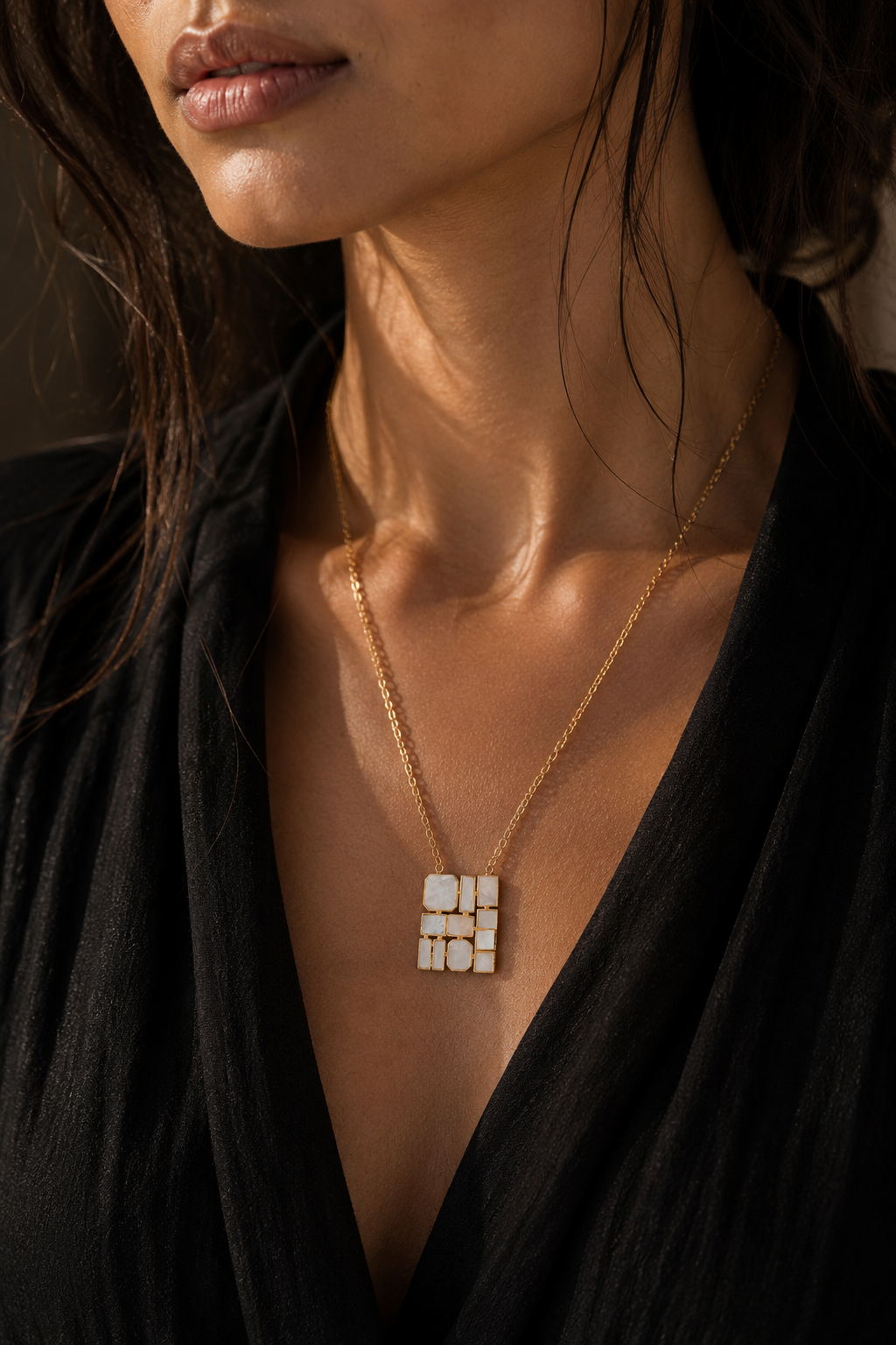 Mother of Pearl Brass Flash Gold Plating Enameled Necklace