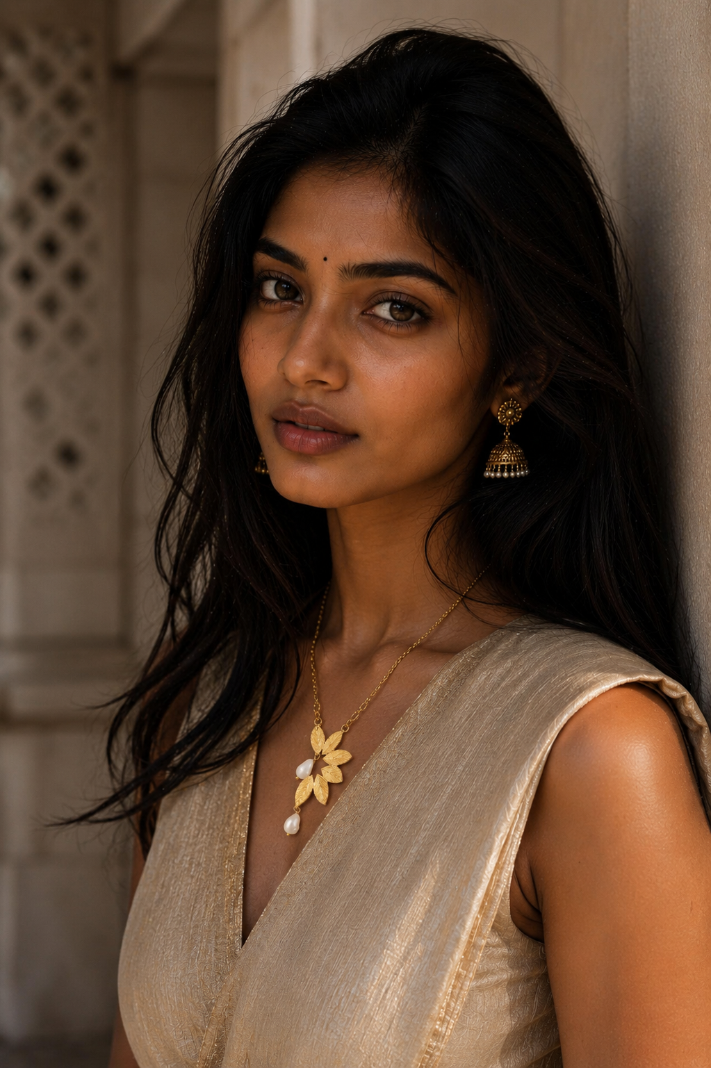 Pearl Brass Flash Gold Plating Leaf Necklace