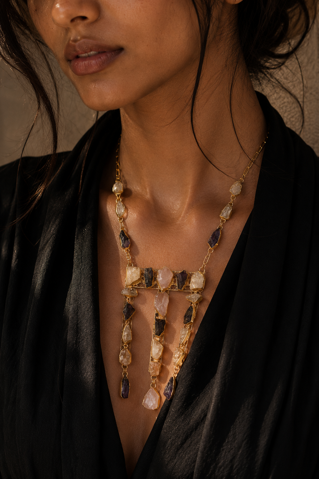 Rose Quartz, Amethystt, Citrine, Crystal Quartz, Black Tourmuline Rough Gemstone Necklace