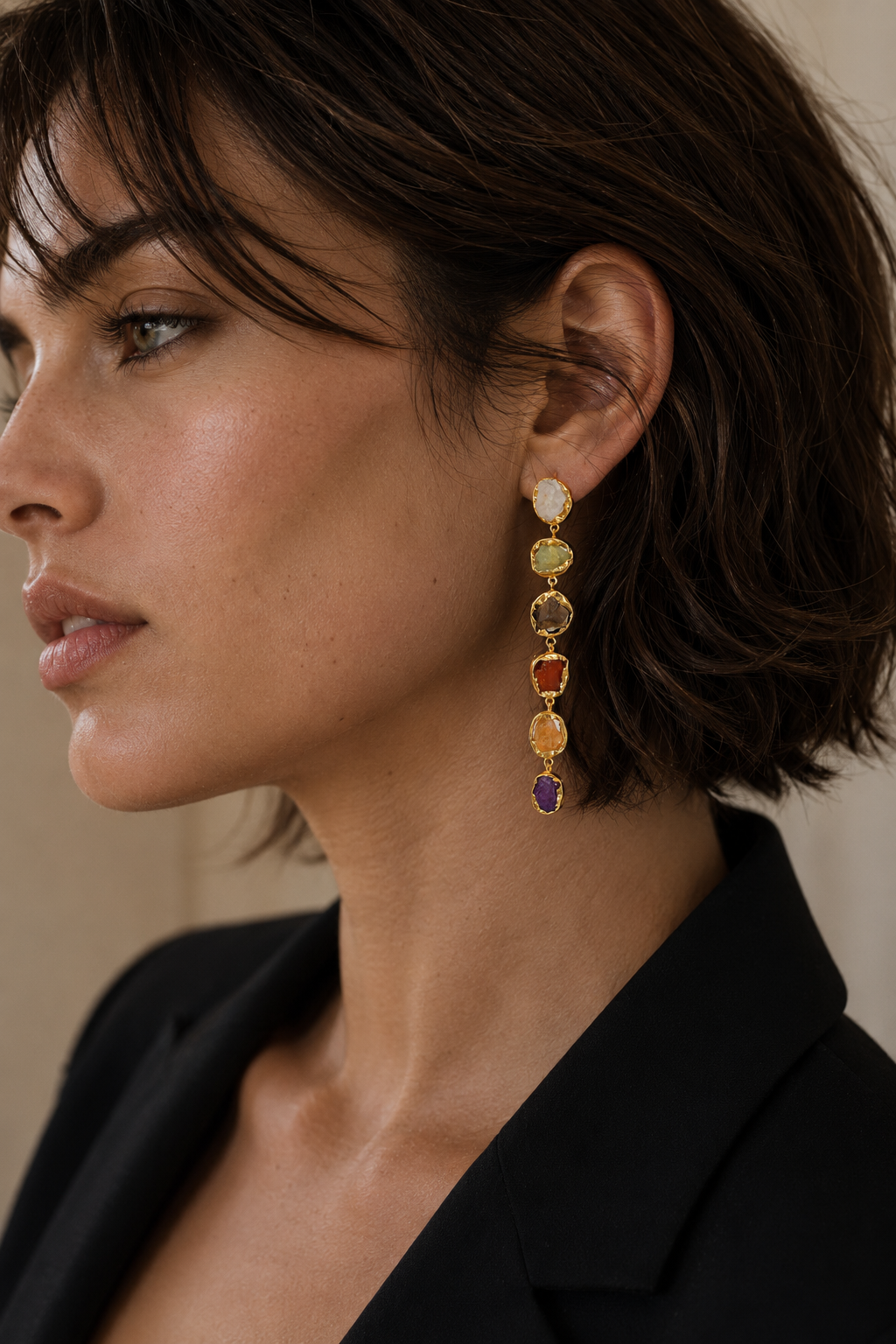 Multi Gemstone Brass Flash Gold Plating Bezel Stud Earring