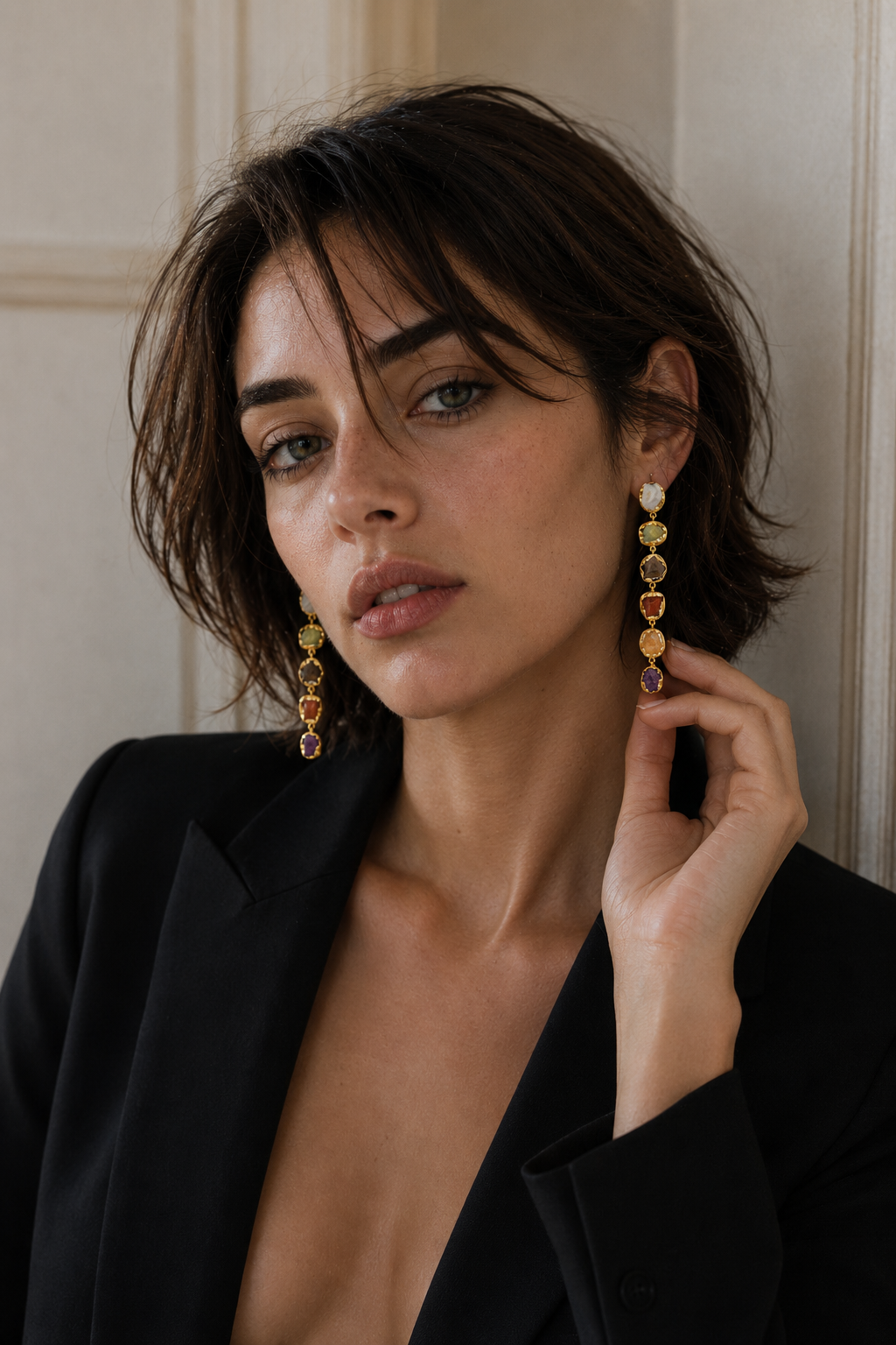 Multi Gemstone Brass Flash Gold Plating Bezel Stud Earring