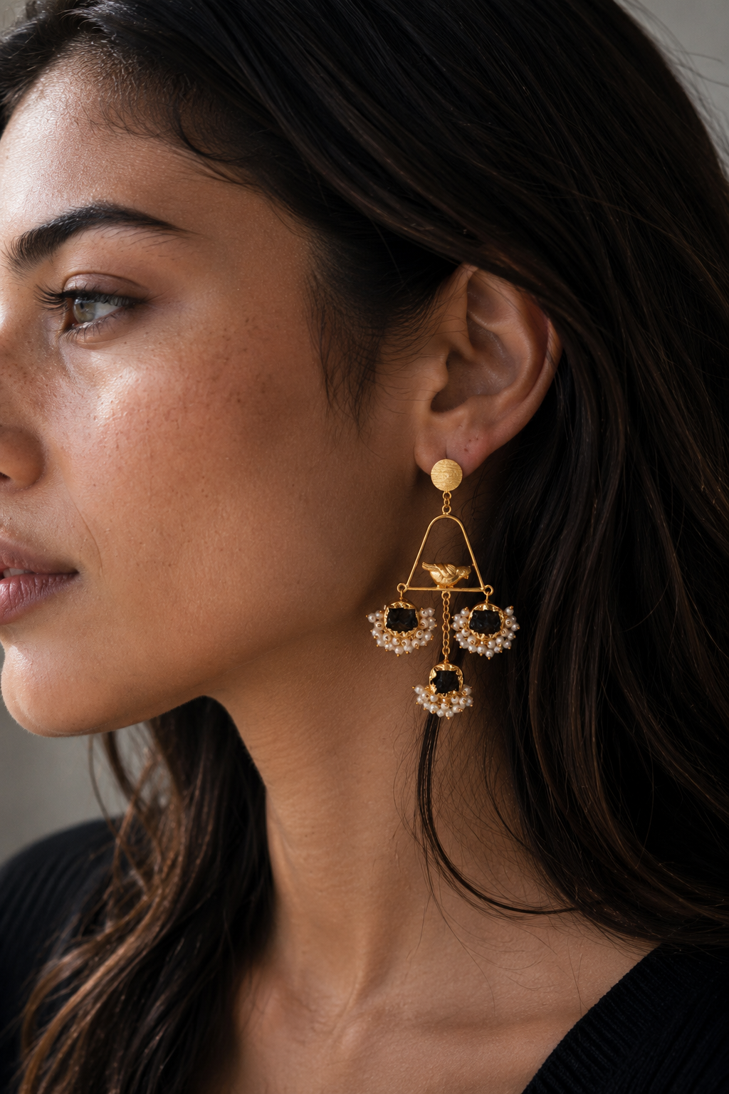 Pearl & Gemstone Brass Flash Gold Plating Floral Stud Earring
