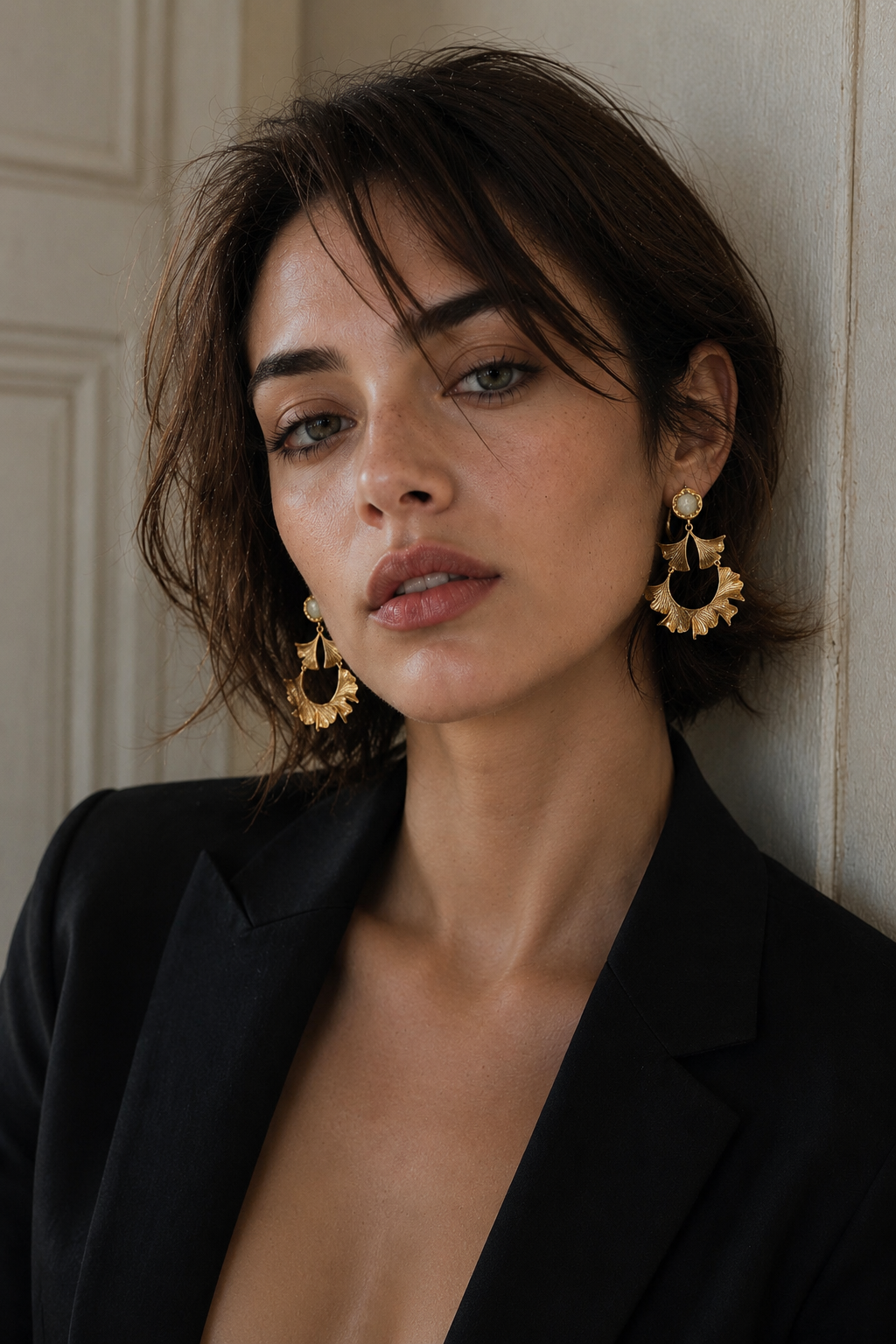 Citrine Brass Flash Gold Plating Ginkgo Stud Earring