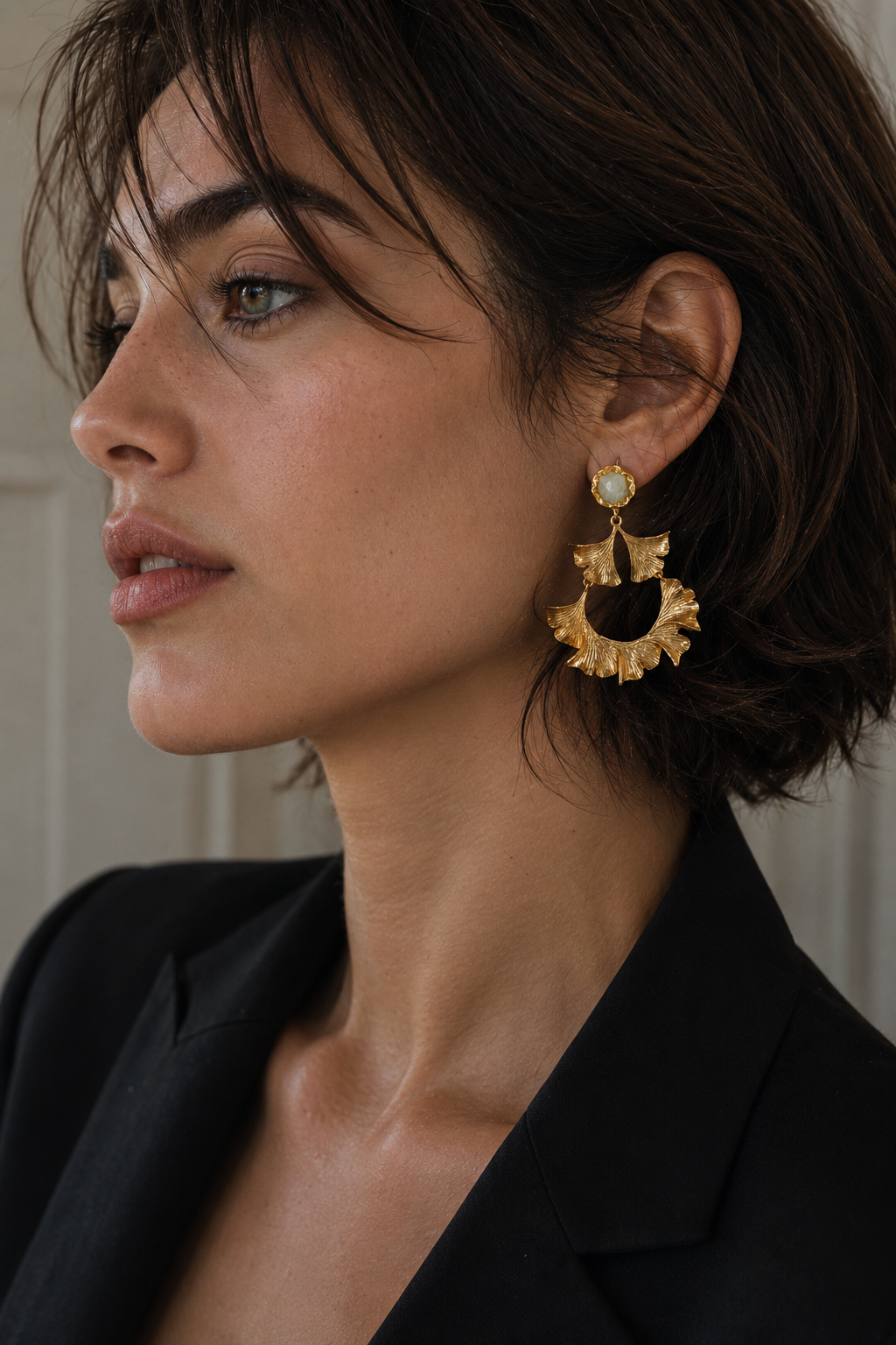 Citrine Brass Flash Gold Plating Ginkgo Stud Earring